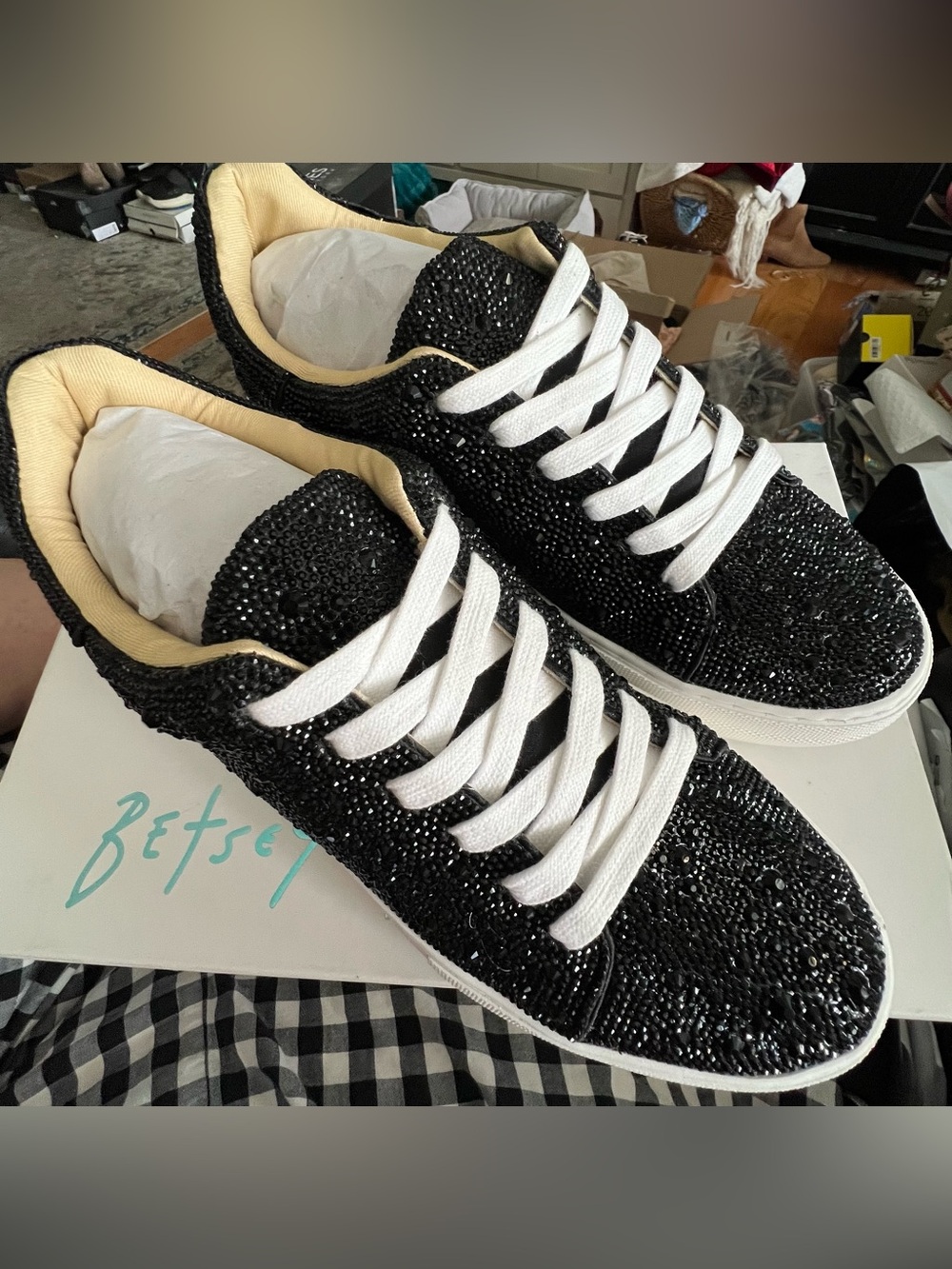 Betsey Johnson Sidny Black Rhinestone Sneakers. NEW in box. Size: 8.5. Ask: $90.